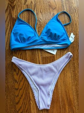 Blue Triangle Bikini Top with Lilac Ribbed Bottom